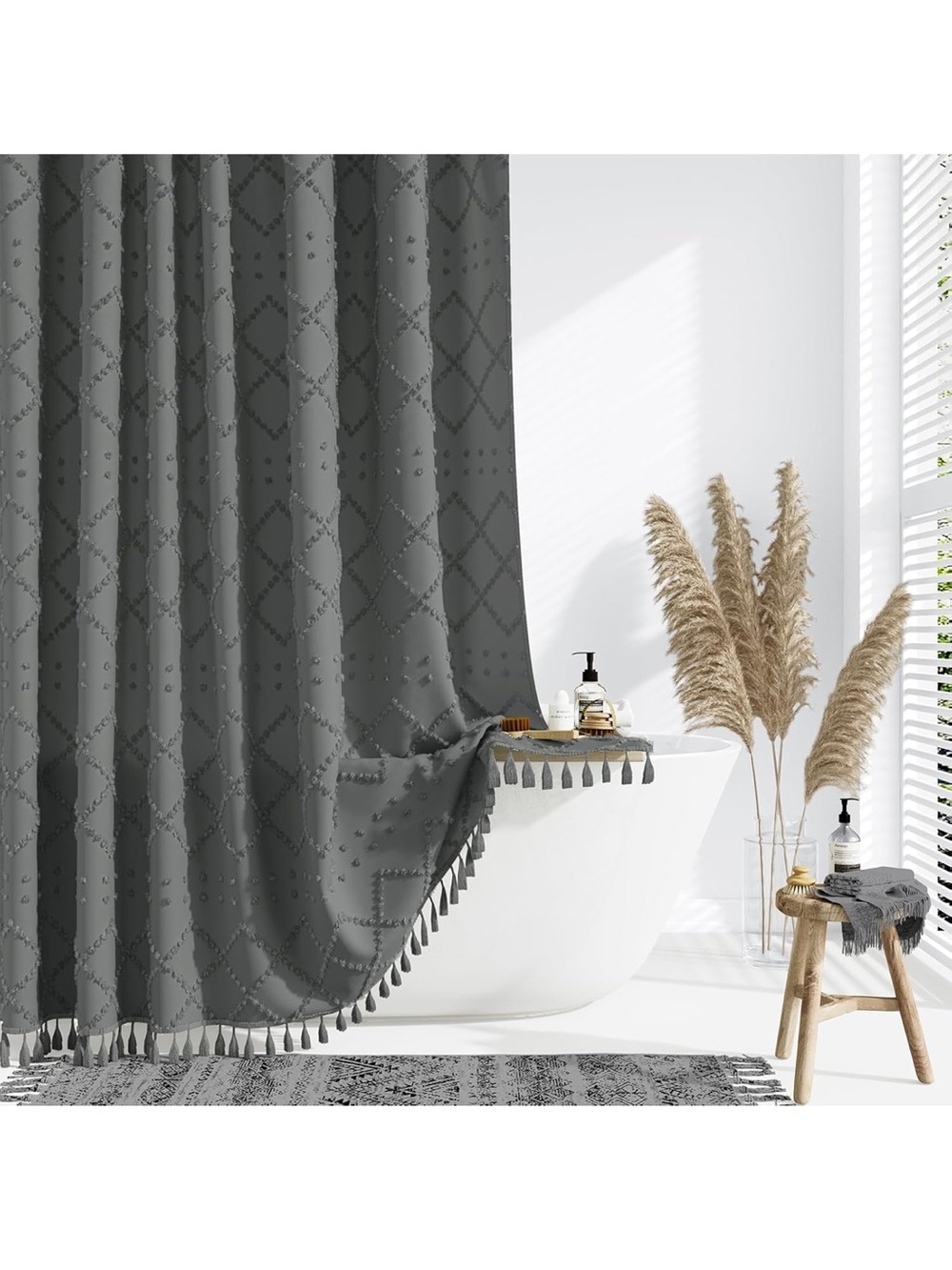 Textured Charcoal Gray Tassel Shower Curtain - Home Bath NWT